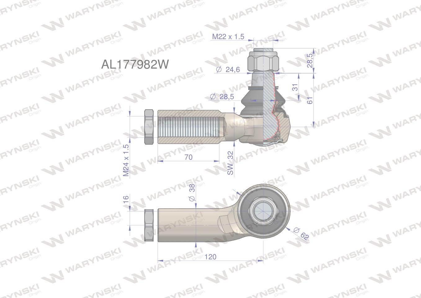 Przegub kierowniczy prawy 120mm - M24x1,5 AL177982 WARYŃSKI AL177982W - zdjęcie 2