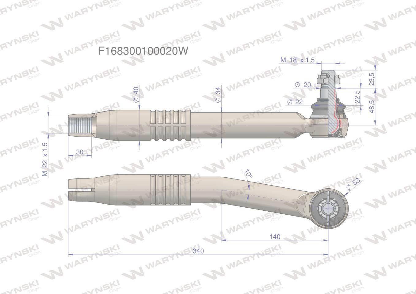 Przegub kierowniczy prawy 340mm - M22x1,5 F168300100020 WARYŃSKI - zdjęcie 2