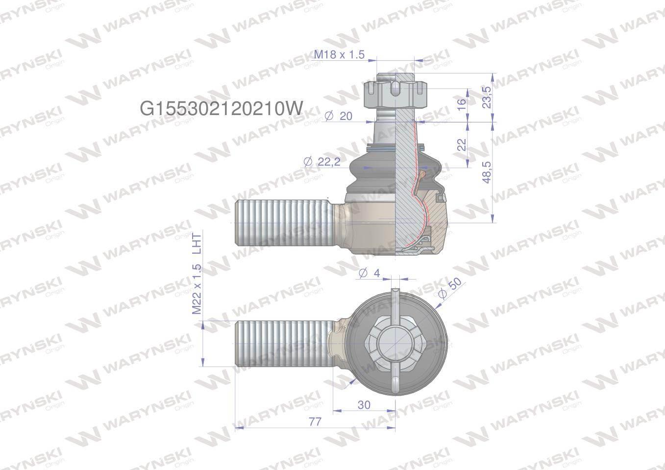 Przegub kierowniczy 77mm - M22x1,5L G155302120210 WARYŃSKI G155302120210W - zdjęcie 2
