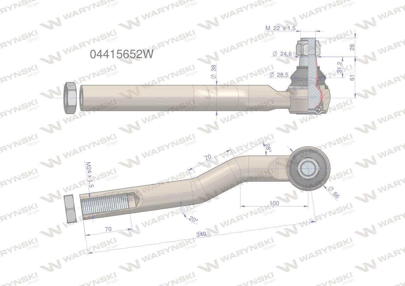 Przegub kierowniczy prawy 340mm - M24x1,5 04415652 WARYŃSKI 04415652W - zdjęcie 2