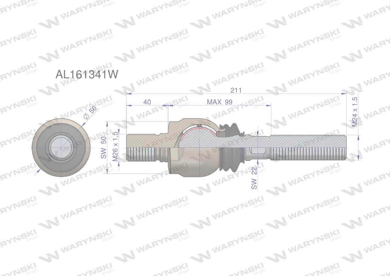 Przegub kierowniczy 211mm - M26x1,5 ; M24x1,5 AL161341 WARYŃSKI AL161341W - zdjęcie 2