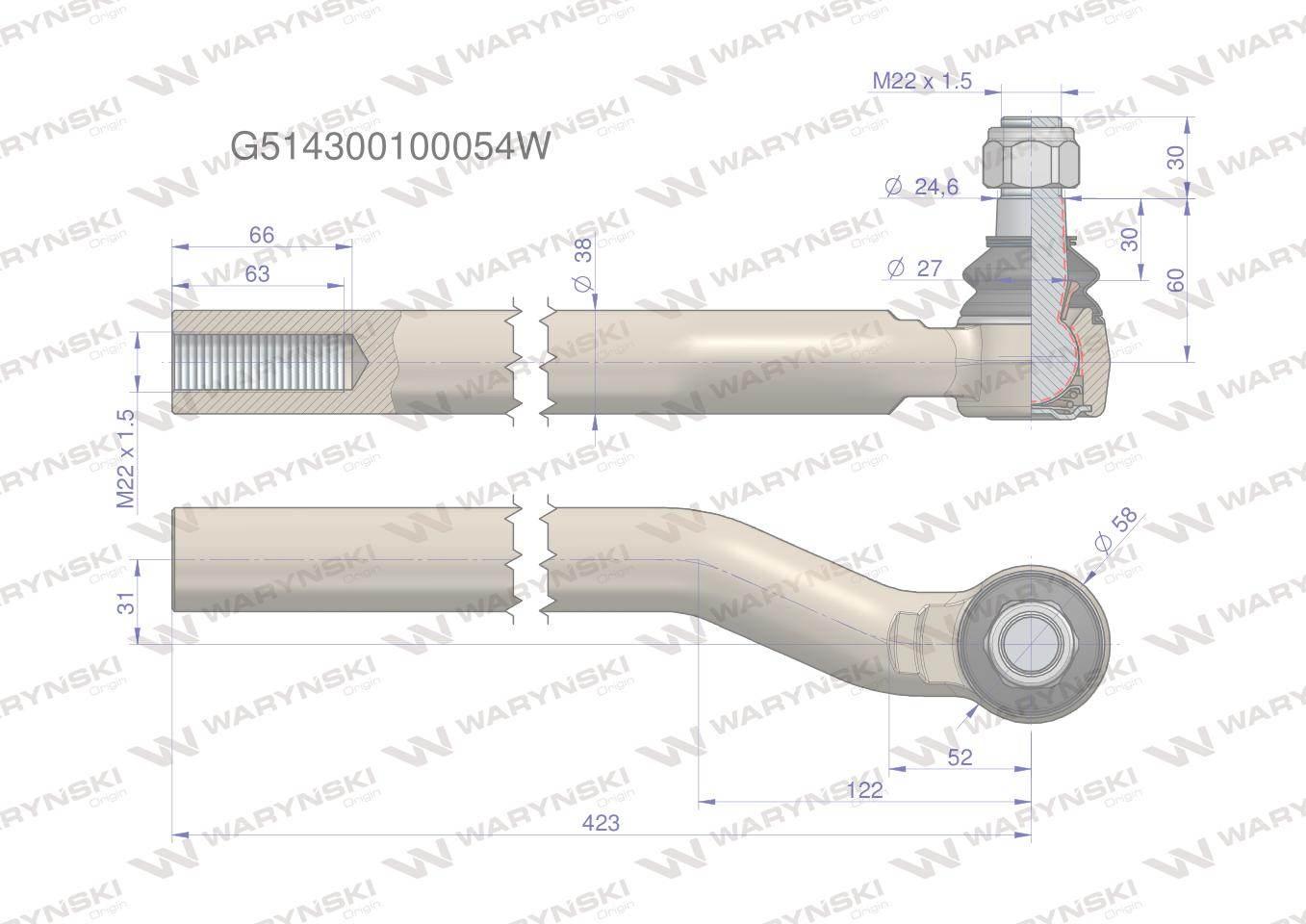 Przegub kierowniczy prawy M22x1.5 G514300100054 WARYŃSKI G514300100054W - zdjęcie 3