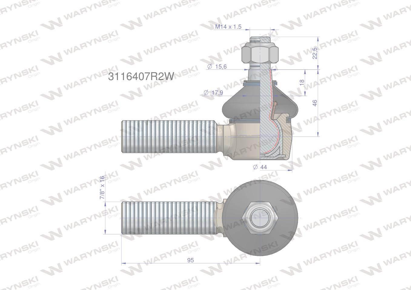 Przegub kierowniczy 95mm - 7/8" 3116407R2 WARYŃSKI 3116407R2W - zdjęcie 2