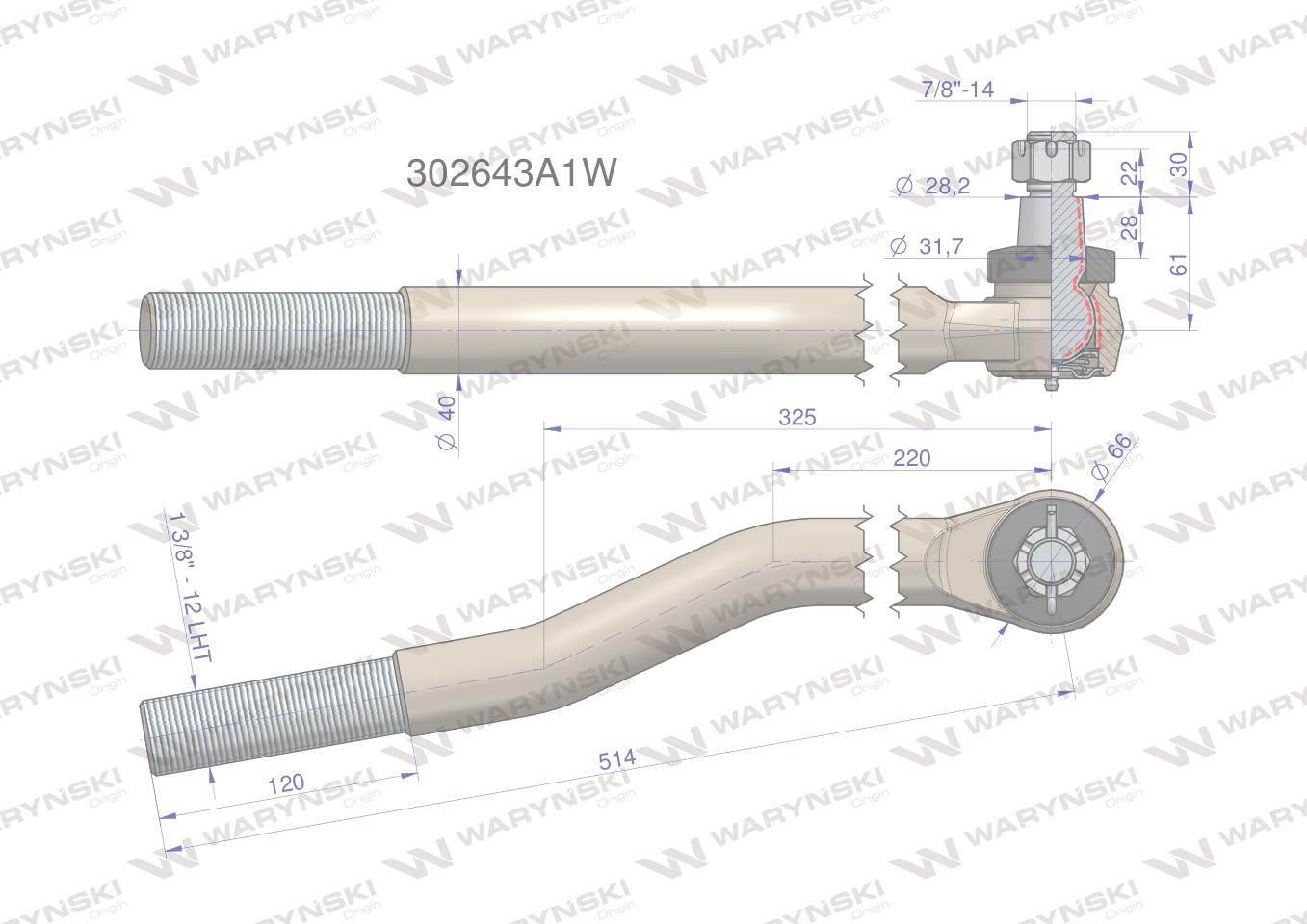 Przegub kierowniczy lewy 514mm- 1 3/8" 302643A1 WARYŃSKI 302643A1W - zdjęcie 2