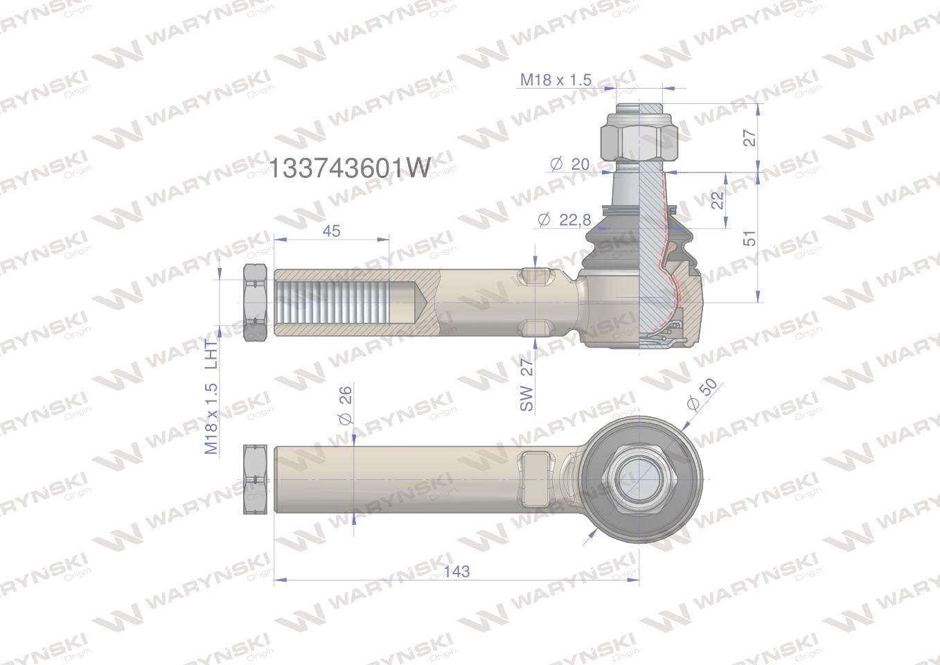 Przegub kierowniczy 143mm - 18x1,5L 133743601 WARYŃSKI 133743601W - zdjęcie 3