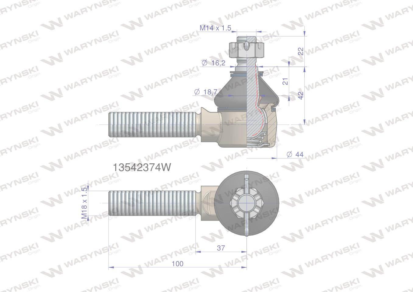 Przegub kierowniczy 100mm- M18x1,5 13542374 WARYŃSKI 13542374W - zdjęcie 3