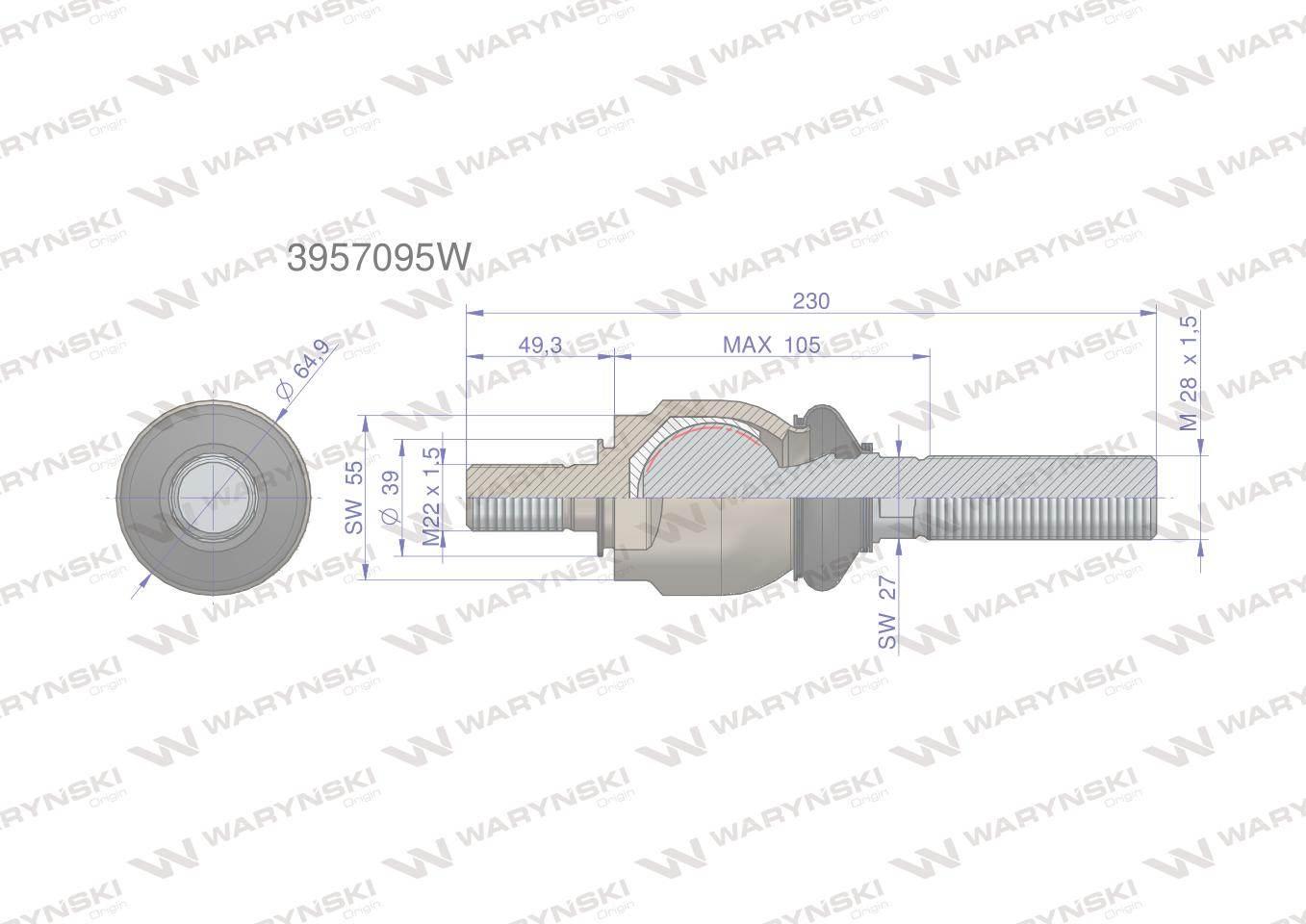 Przegub kierowniczy 230mm- M22x1.5; M28x1.5 3957095 WARYŃSKI 3957095W - zdjęcie 3