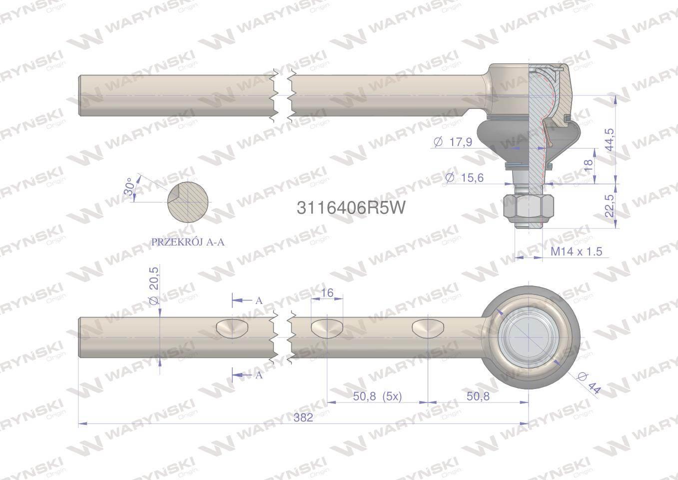Przegub kierowniczy 382mm 3116406R5 WARYŃSKI 3116406R5W - zdjęcie 3