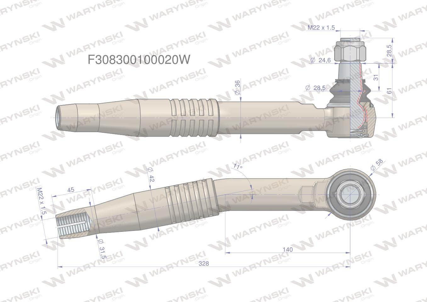 Przegub kierowniczy prawy M22x1.5 F308300100020 WARYŃSKI F308300100020W - zdjęcie 3