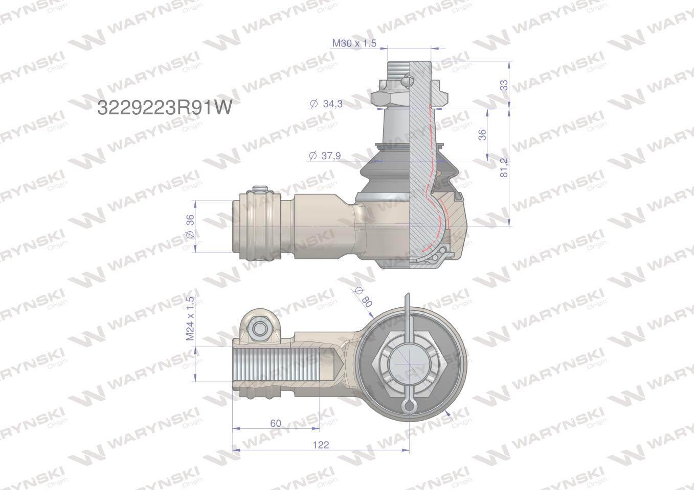 Przegub kierowniczy 122mm - M24x1,5 3229223R91 WARYŃSKI 3229223R91W - zdjęcie 2