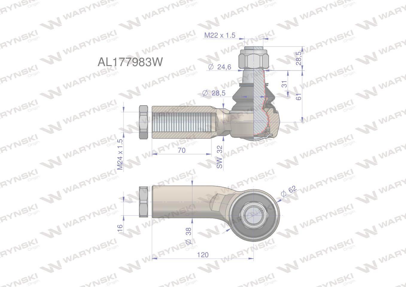 Przegub kierowniczy lewy 120mm - M24x1,5 AL177983 WARYŃSKI AL177983W - zdjęcie 2