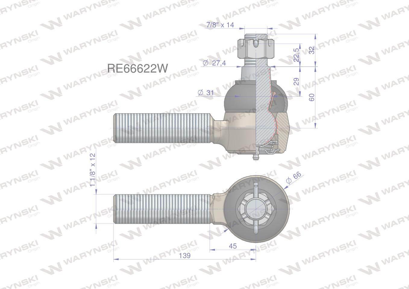Przegub kierowniczy 139mm - 1 1/8" RE66622 WARYŃSKI RE66622W - zdjęcie 2