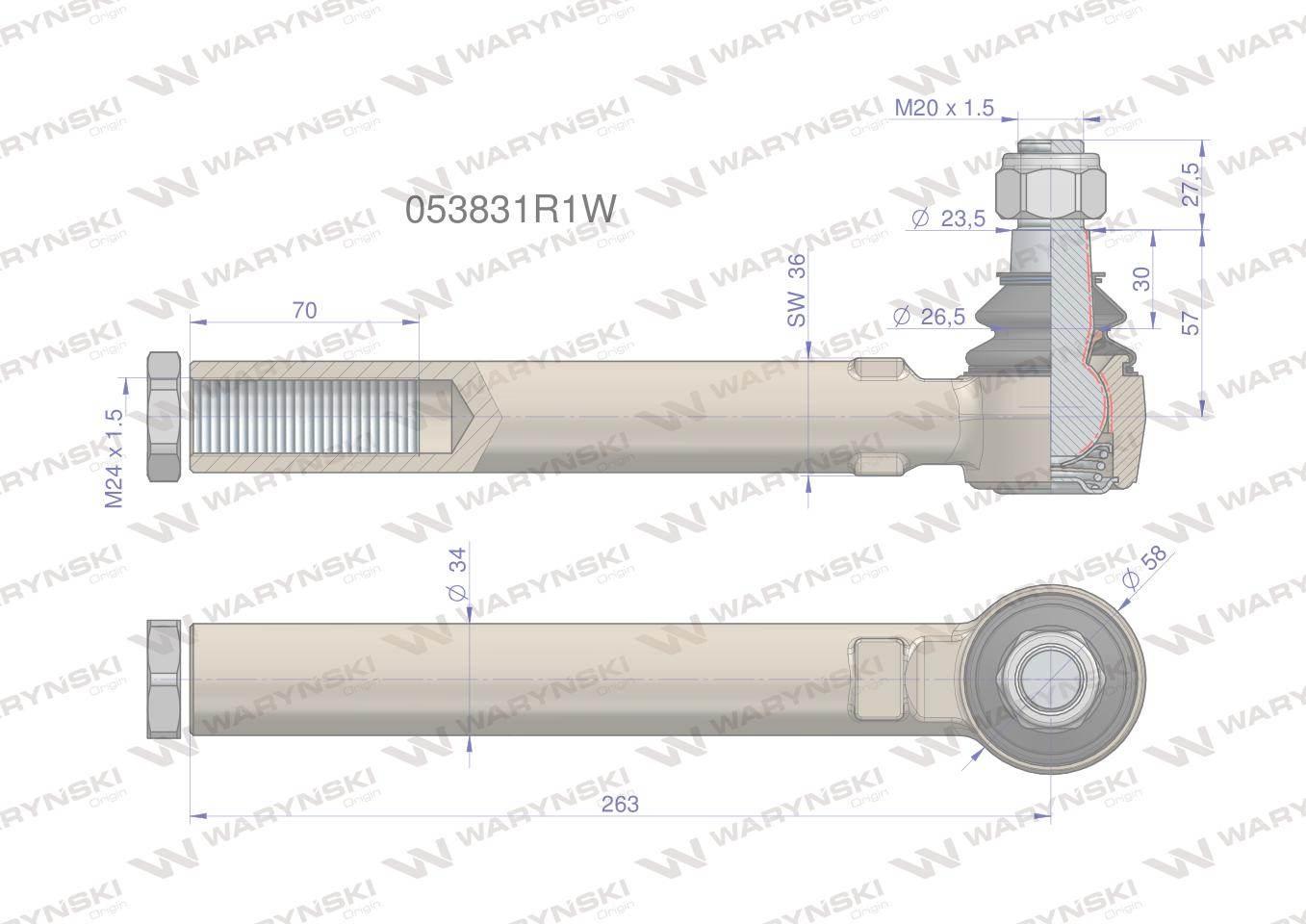 Przegub kierowniczy 263mm M24x1.5 053831R1 WARYŃSKI 053831R1W - zdjęcie 3
