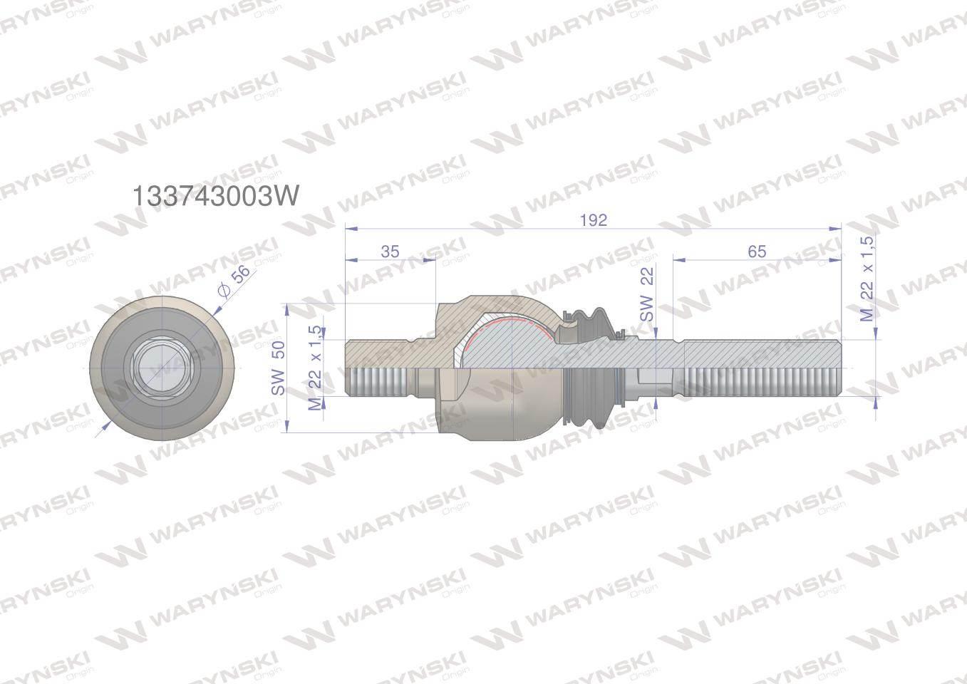 Przegub kierowniczy 192mm - M22x1,5 ; M22x1,5 133743003 WARYŃSKI - zdjęcie 2