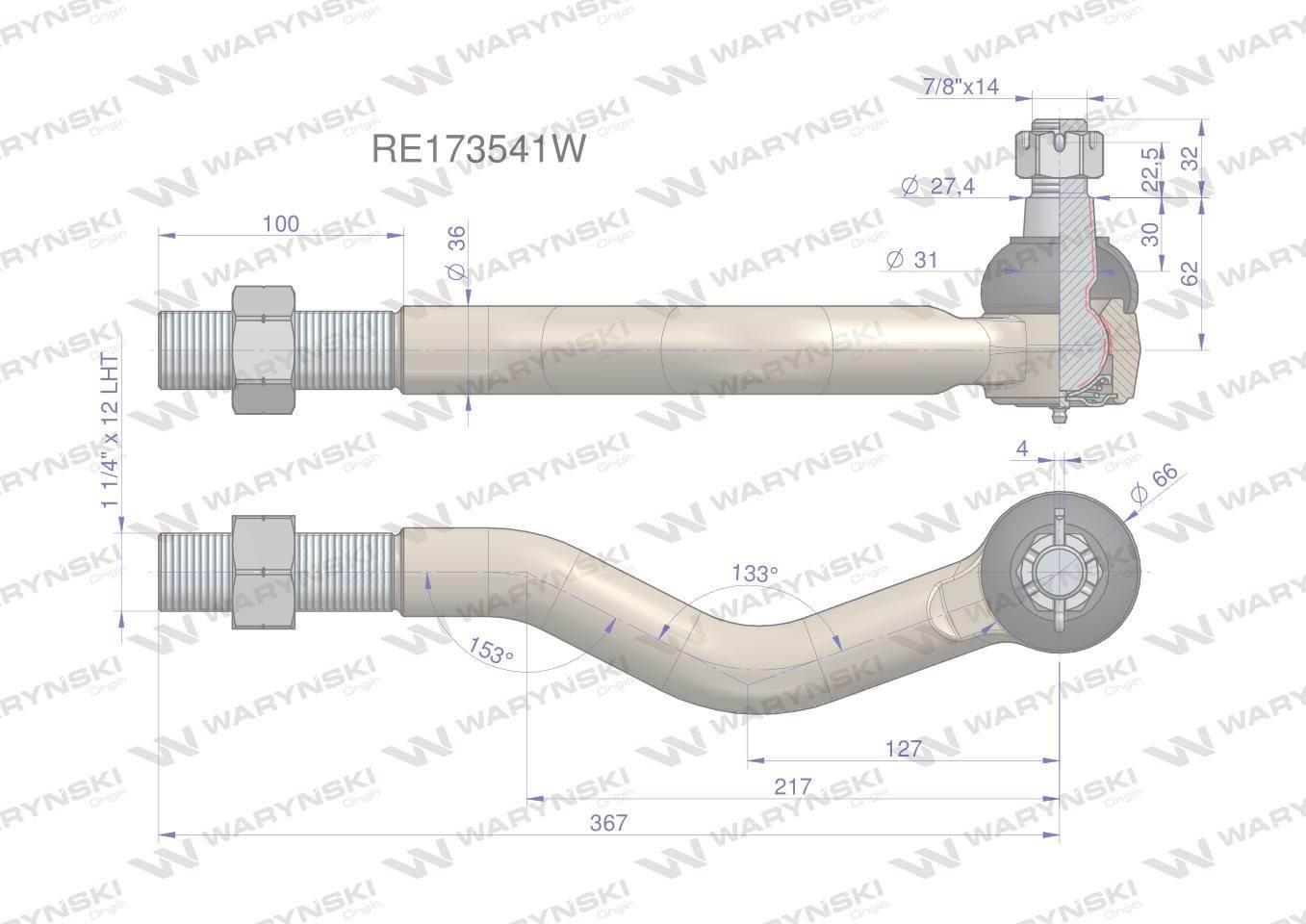 Przegub kierowniczy lewy 367mm - 1 1/4" RE173541 WARYŃSKI RE173541W - zdjęcie 2