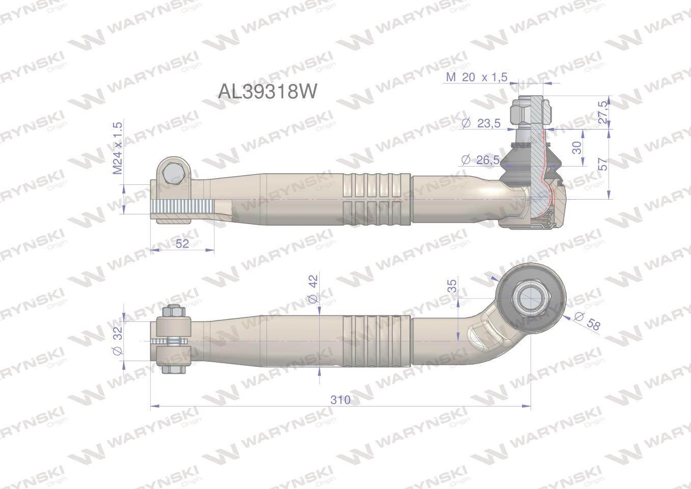 Przegub kierowniczy prawy 310mm - M24x1,5 AL39318 WARYŃSKI AL39318W - zdjęcie 2
