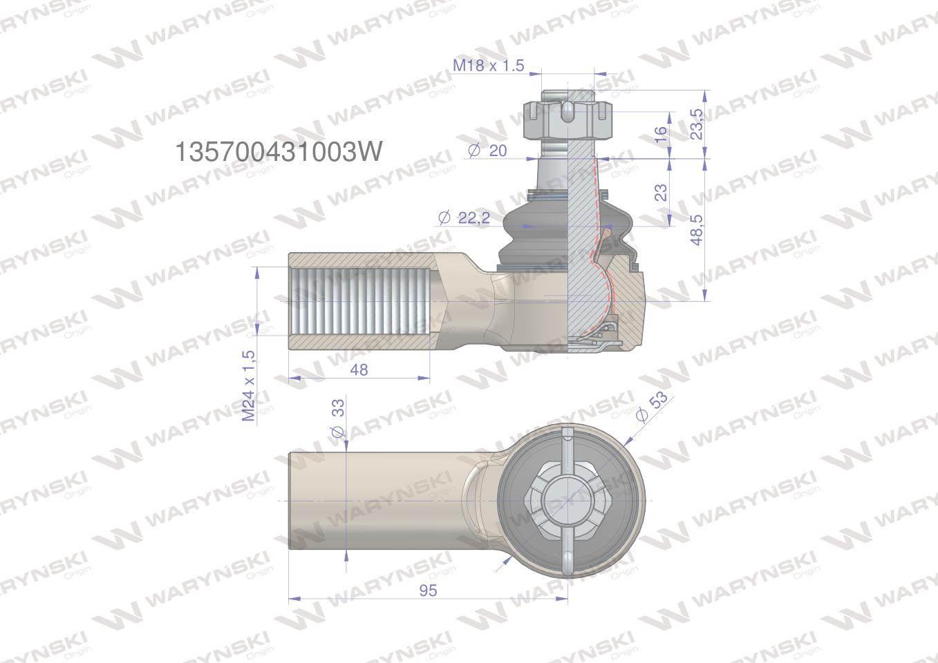 Przegub kierowniczy 95mm - 24x1,5 135700431003 WARYŃSKI 135700431003W - zdjęcie 2