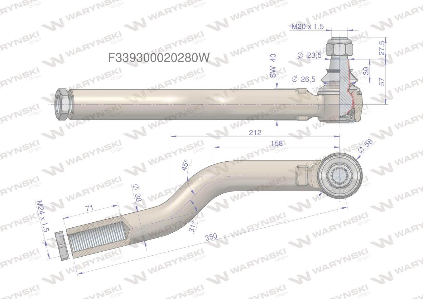 Przegub kierowniczy prawy M24x1.5 F339300020280 WARYŃSKI F339300020280W - zdjęcie 3