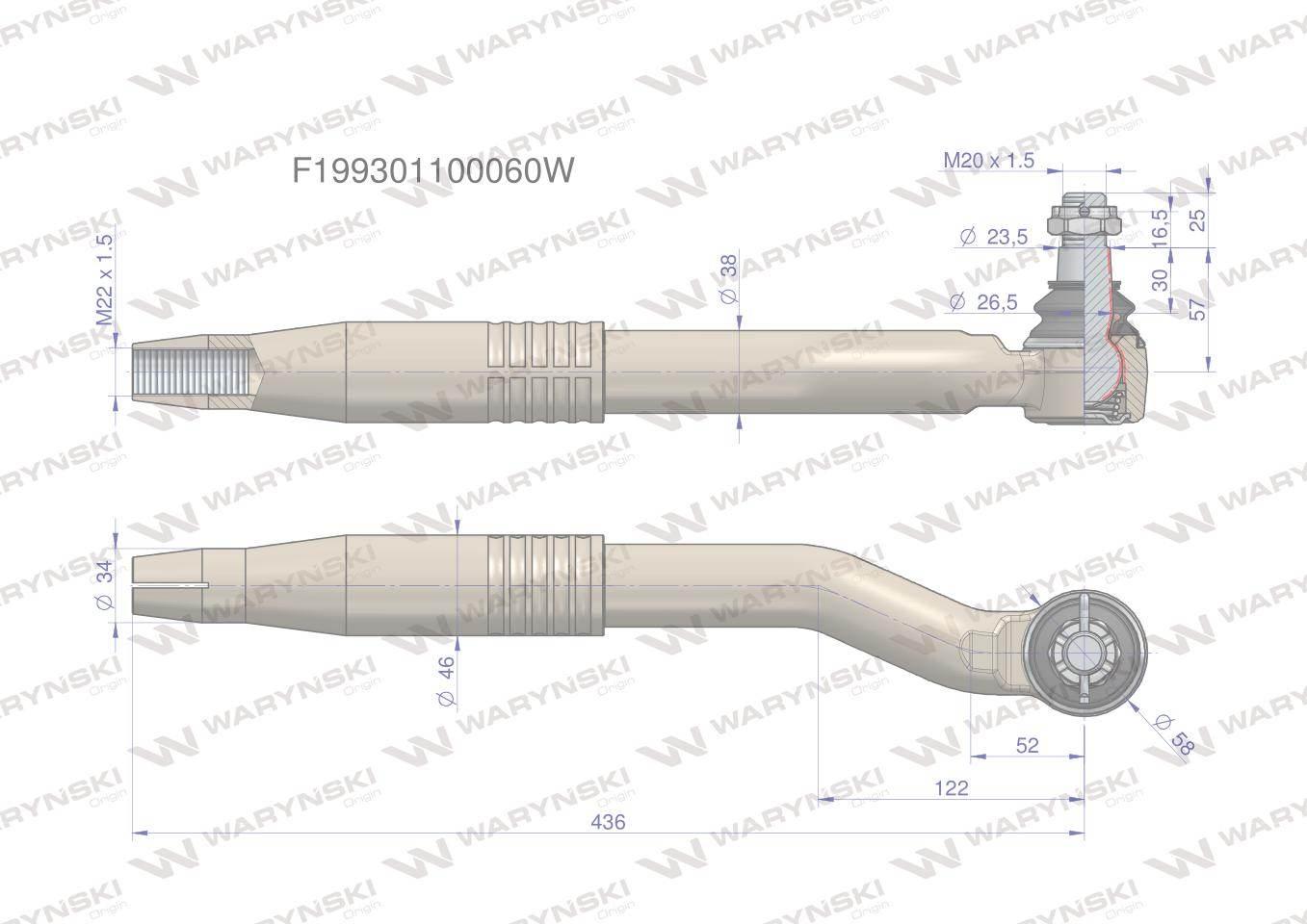 Przegub kierowniczy prawy M22x1.5 F199301100060 WARYŃSKI F199301100060W - zdjęcie 3