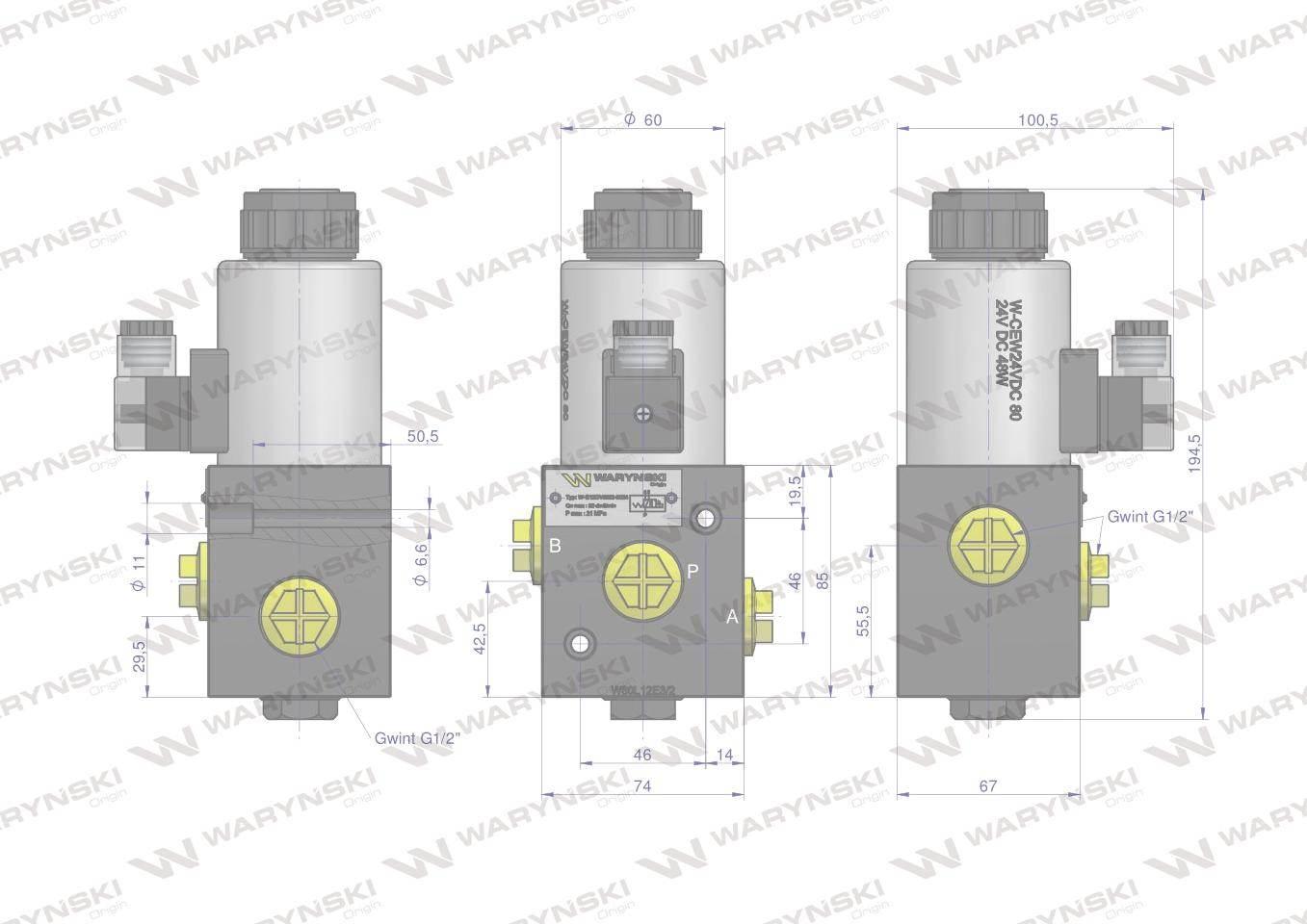 Elektrozawór 3-drogowy elektromagnetyczny kontroli 3/2 W-E12DVS3/2-80L G1/2 - zdjęcie 2