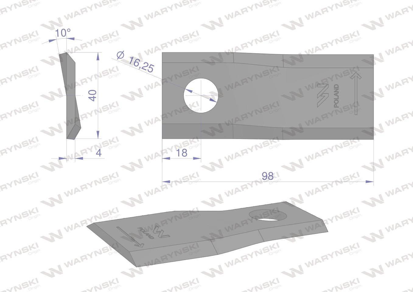Nóż. nożyk kosiarka lewy 98x40x4mm otwór 16.2 zastosowanie DM-303 Claas WAR - zdjęcie 2