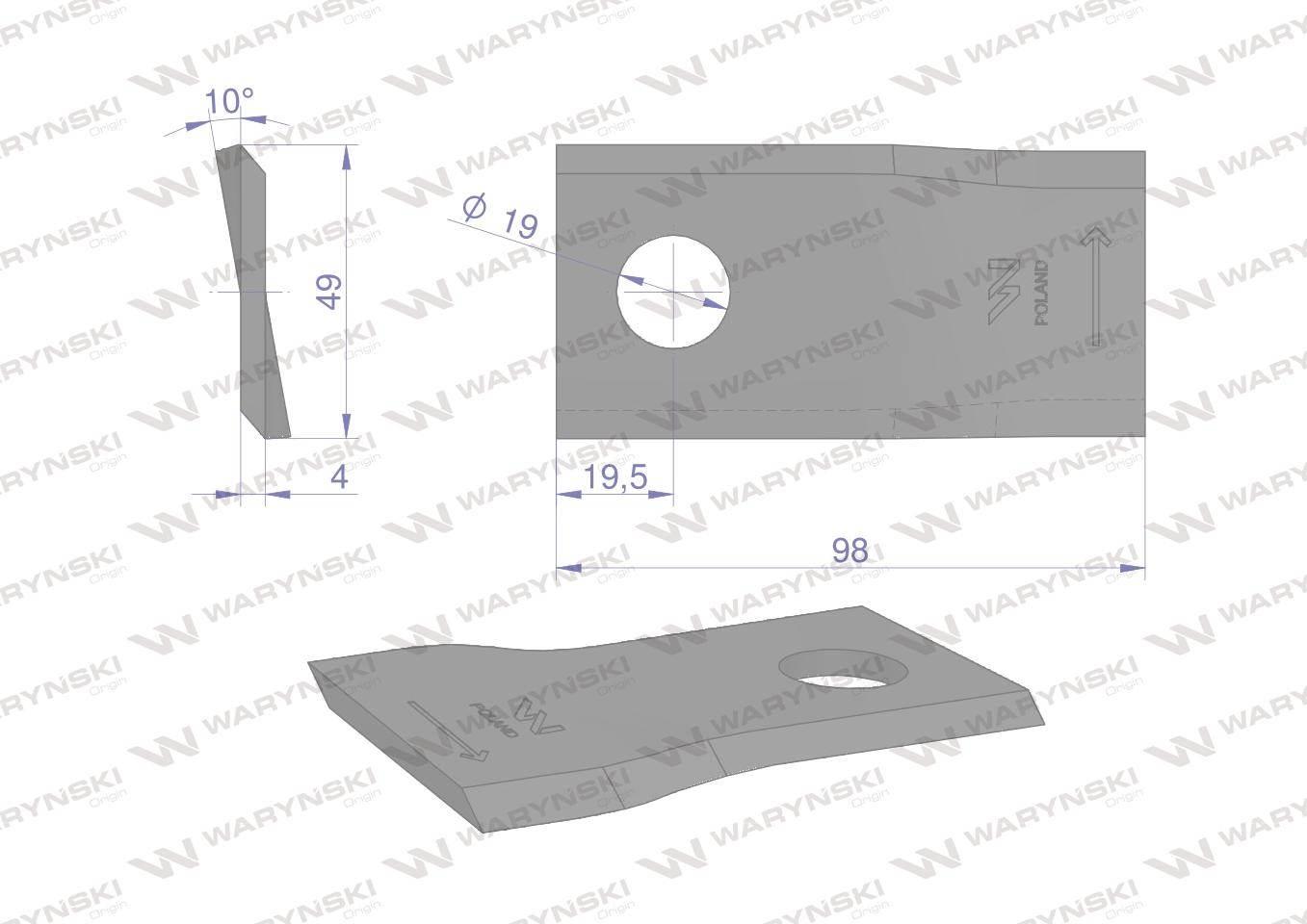Nóż. nożyk kosiarka lewy 98x48x4mm otwór 19 zastosowanie 153171311 SIP WARY - zdjęcie 2