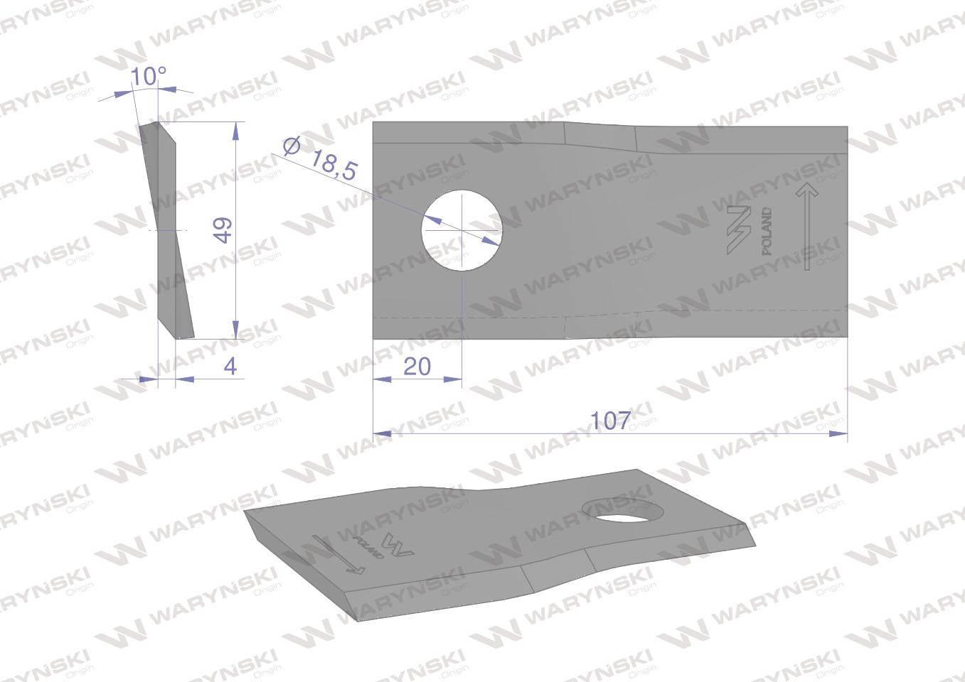 Nóż. nożyk kosiarka lewy 107x48x4mm otwór 18.5 zastosowanie 90261559 993615 - zdjęcie 2