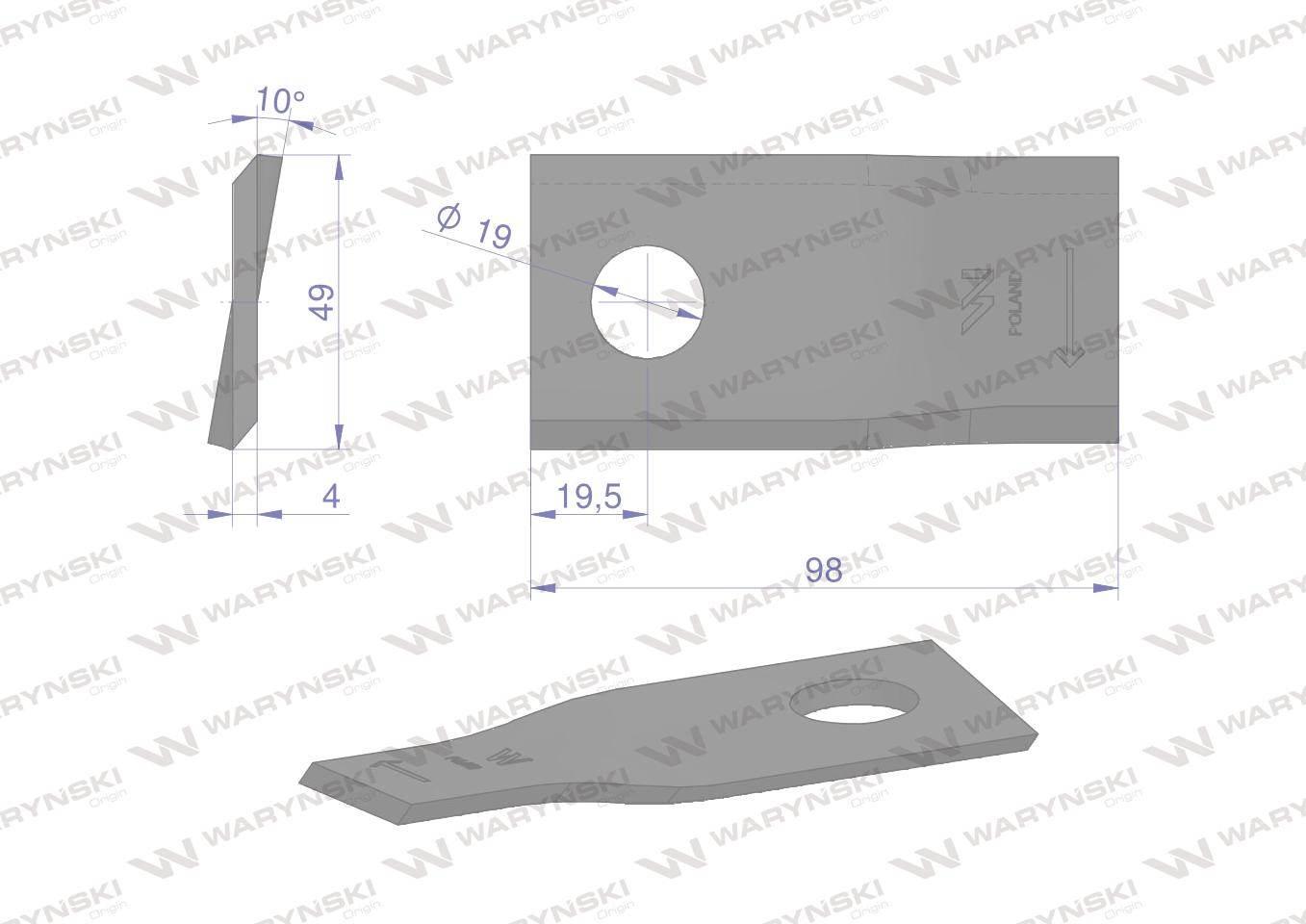 Nóż. nożyk kosiarka prawy 98x48x4mm otwór 19 zastosowanie 153171419 SIP WAR - zdjęcie 2