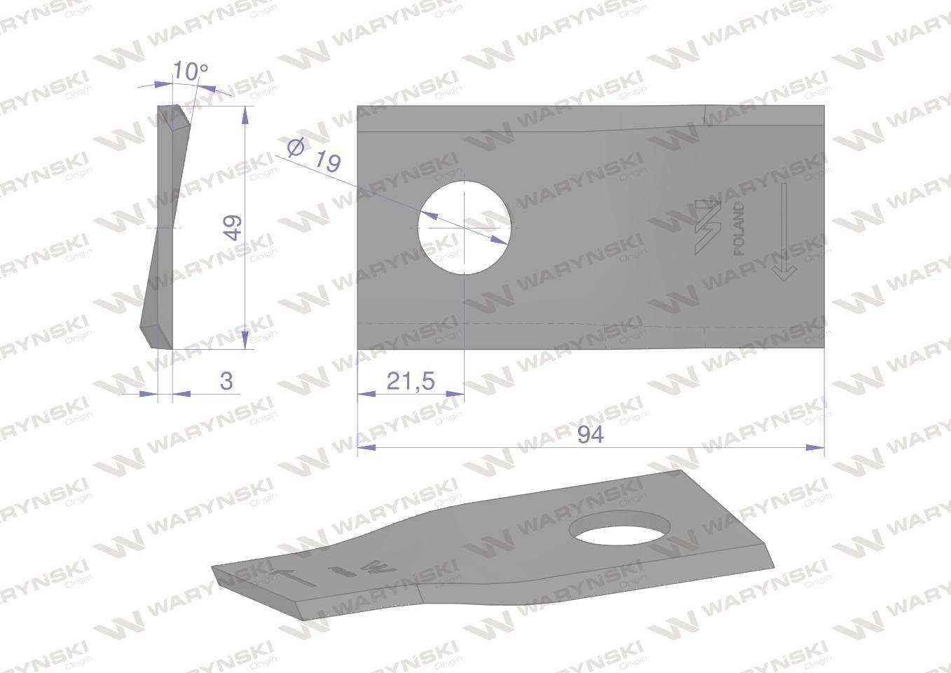 Nóż. nożyk kosiarka prawy 94x48x3mm otwór 19 zastosowanie 570410 Niemeyer K - zdjęcie 2