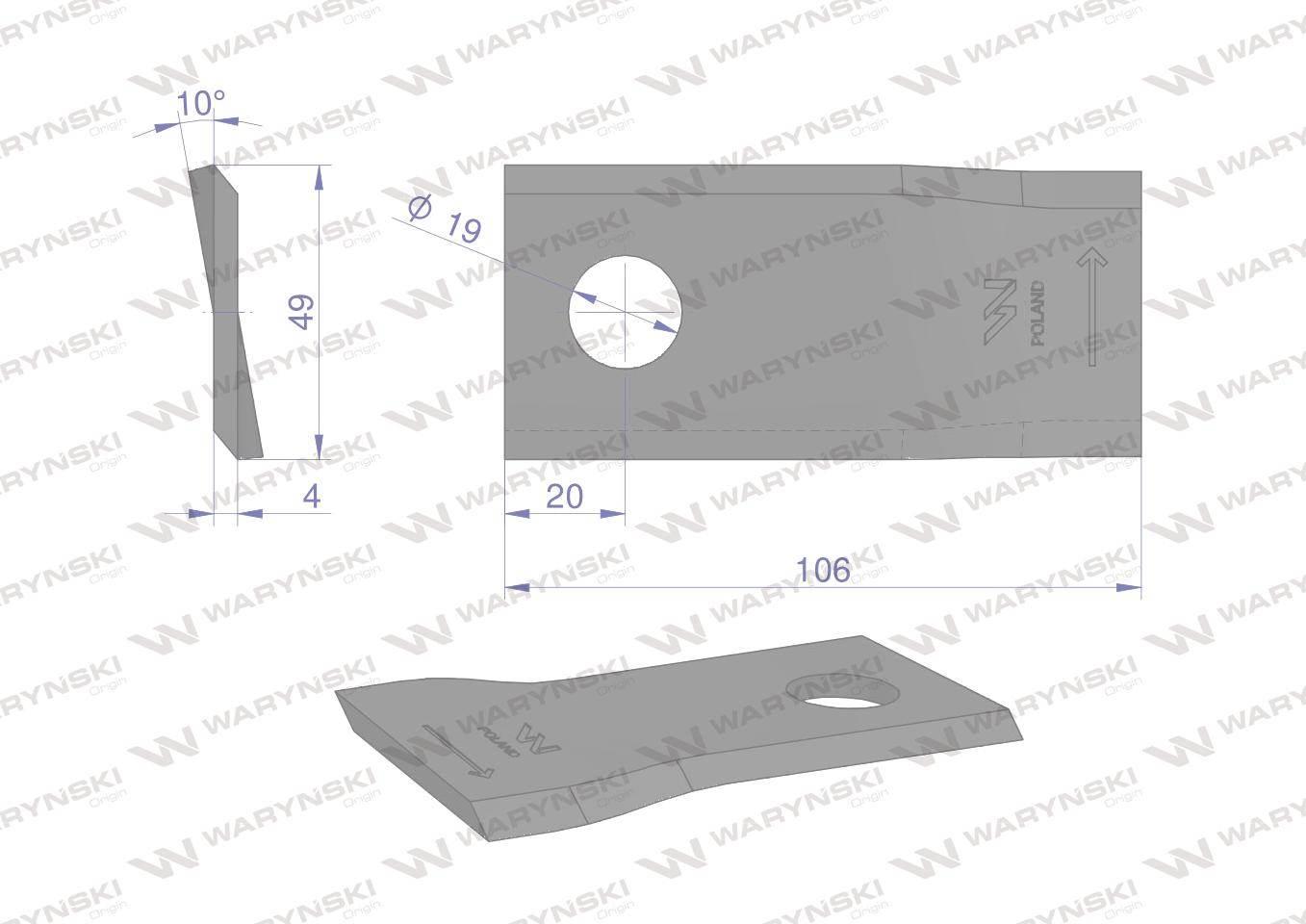 Nóż. nożyk kosiarka lewy 106x48x4mm otwór 19 zastosowanie 122329 Fella WARY - zdjęcie 2