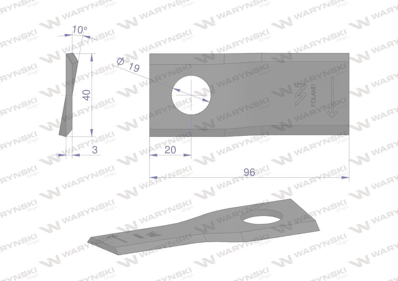 Nóż. nożyk kosiarka prawy 96x40x3mm otwór 19 zastosowanie 16502726 Deutz Fa - zdjęcie 2