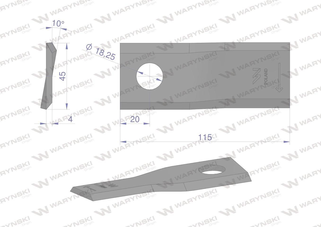 Nóż. nożyk kosiarka prawy 115x45x4mm otwór 18.25 zastosowanie 55906100 CC23 - zdjęcie 2