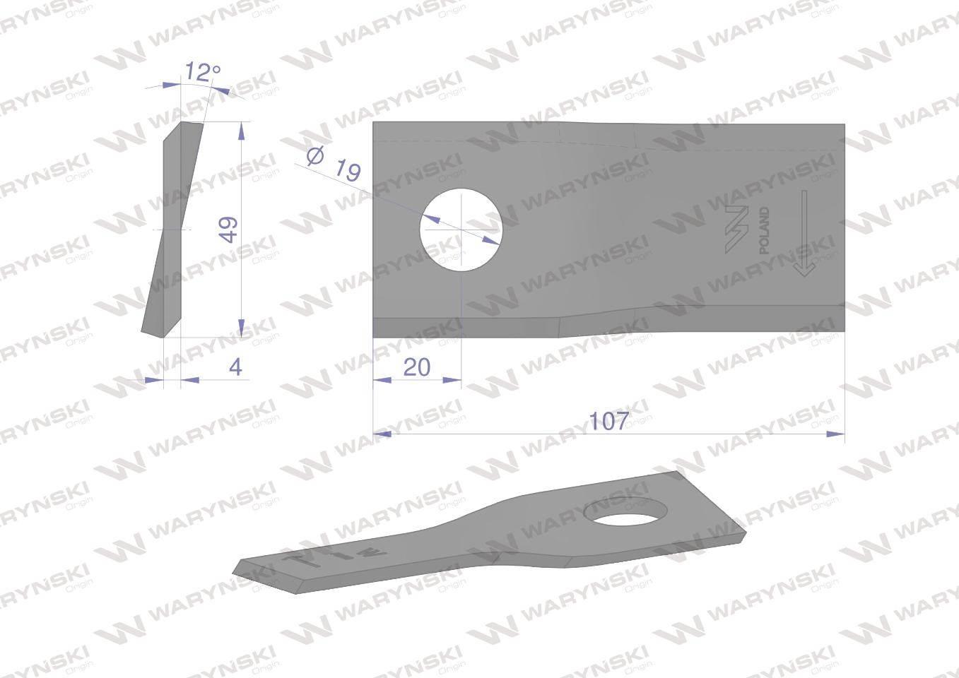 Nóż. nożyk kosiarka prawy 107x50x4mm otwór 19 zastosowanie 13800032 JF-Stol - zdjęcie 2