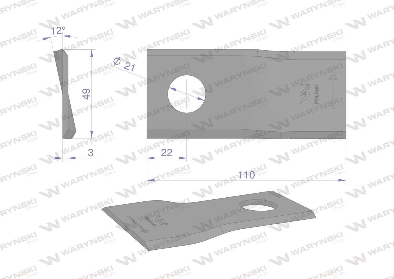 Nóż. nożyk kosiarka lewy 110x48x3mm otwór 21 zastosowanie 1058780 Claas WAR - zdjęcie 2