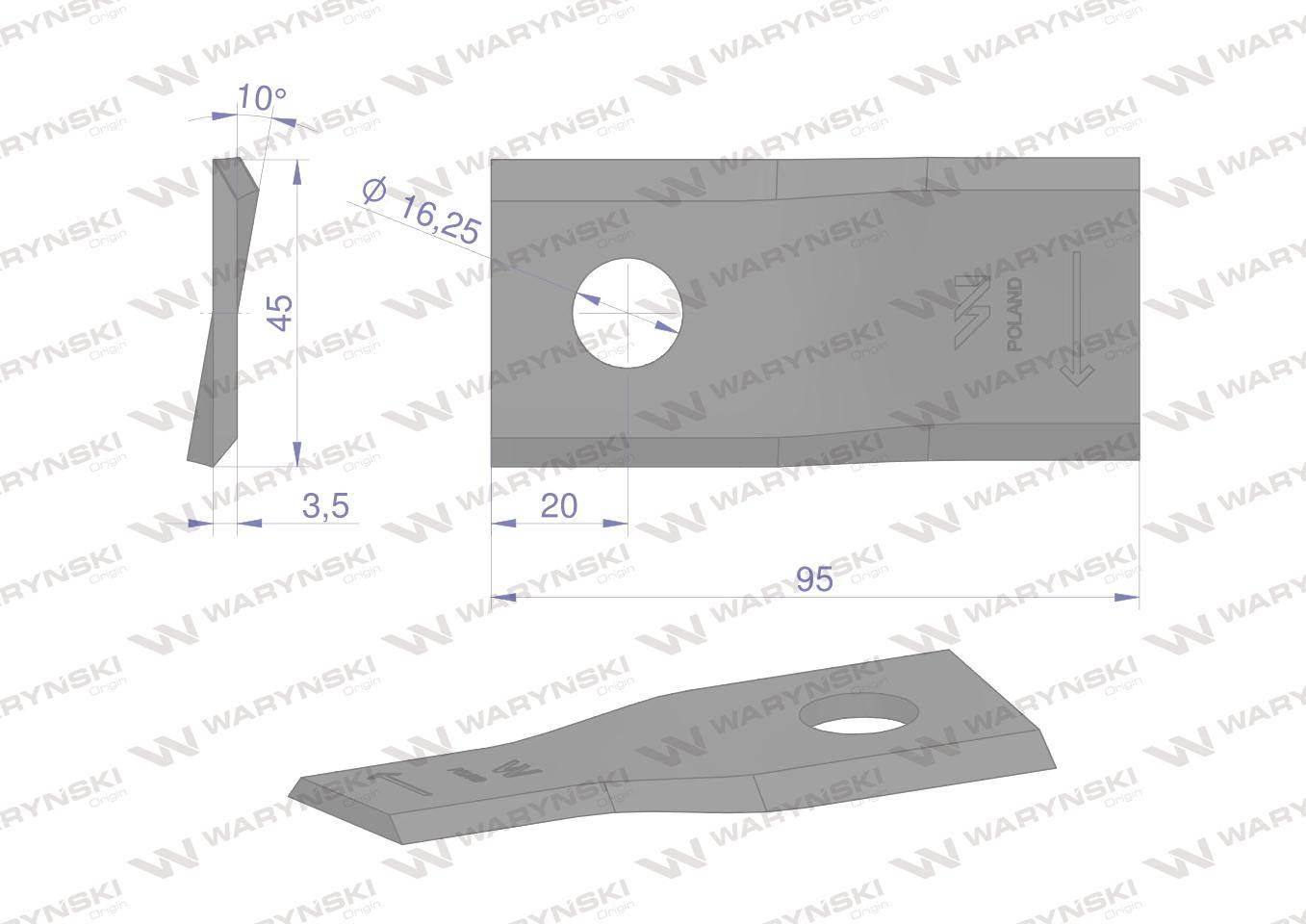 Nóż. nożyk kosiarka prawy 95x45x3.5mm otwór 16.25 zastosowanie CC20501 New - zdjęcie 2