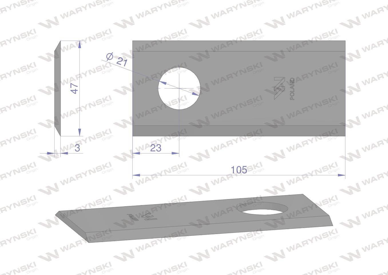 Nóż, nożyk kosiarka 105X47X3mm otwór 21 zastosowanie CM15 PZ Vicon Kvernela - zdjęcie 2