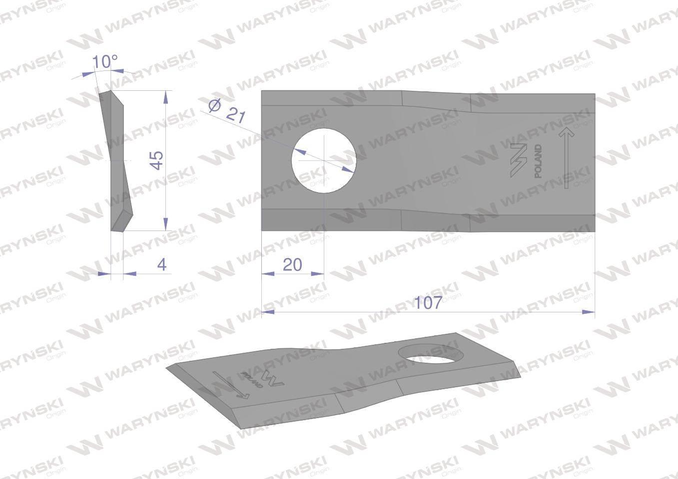 Nóż. nożyk kosiarka lewy 107x46x4mm otwór 21 WARYŃSKI 25szt WKR107X46X4L - zdjęcie 2