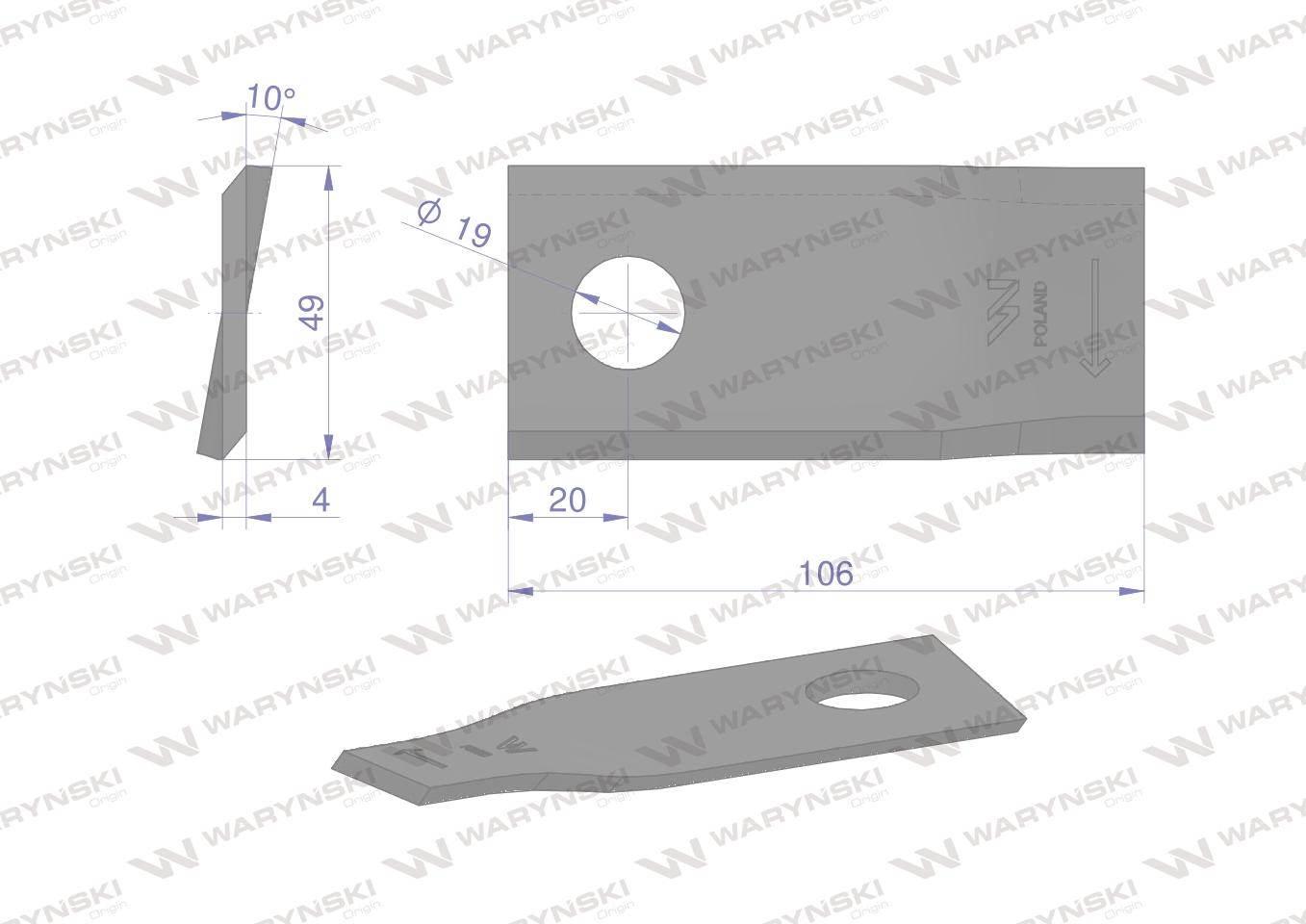 Nóż. nożyk kosiarka prawy 106x48x4mm otwór 19 zastosowanie 570444 Niemeyer - zdjęcie 3