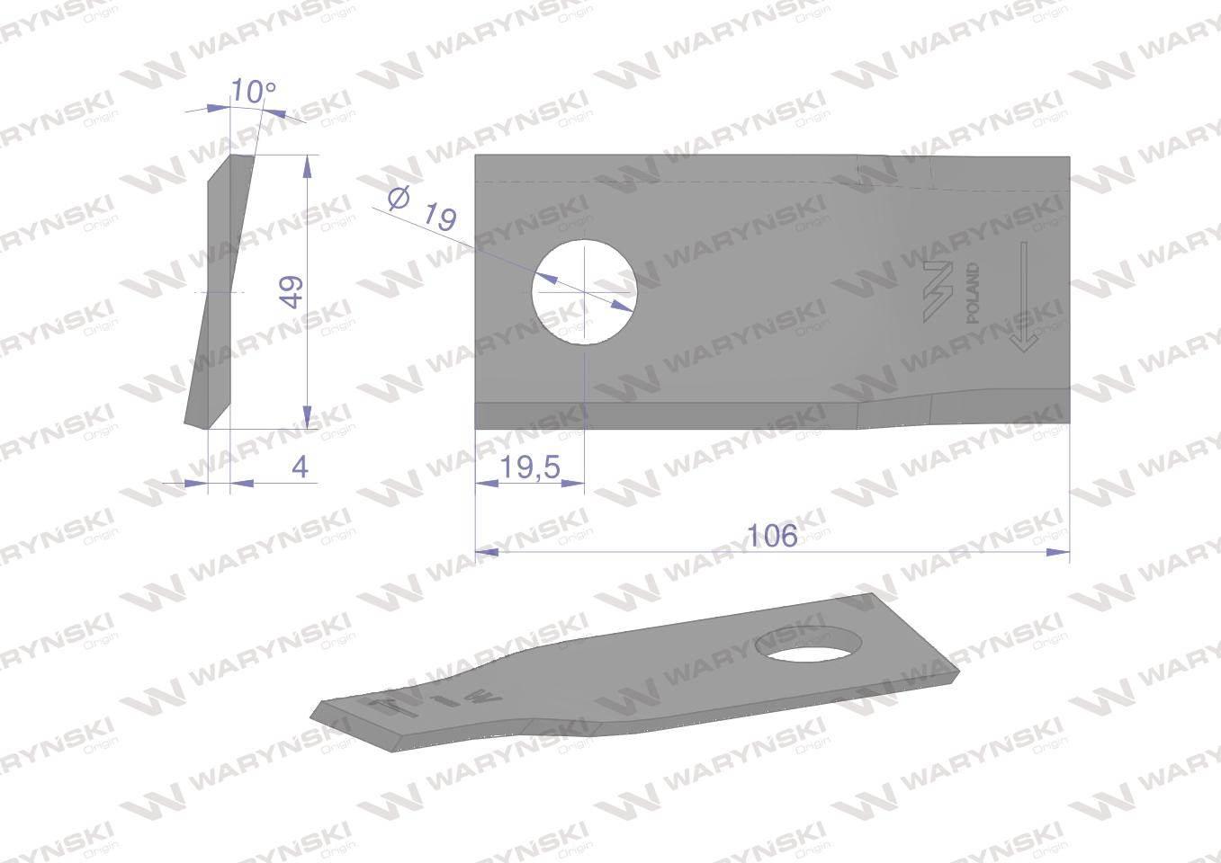 Nóż. nożyk kosiarka prawy 106x48x4mm otwór 19 zastosowanie 153967103 SIP WA - zdjęcie 2