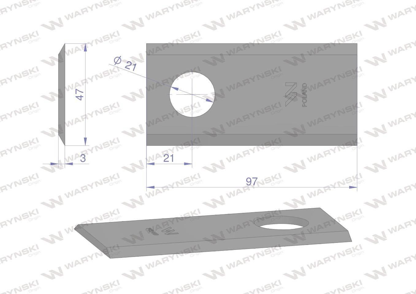 Nóż. nożyk kosiarka 97X47X3mm otwór 21 zastosowanie 152147607 SIP WARYŃSKI - zdjęcie 2