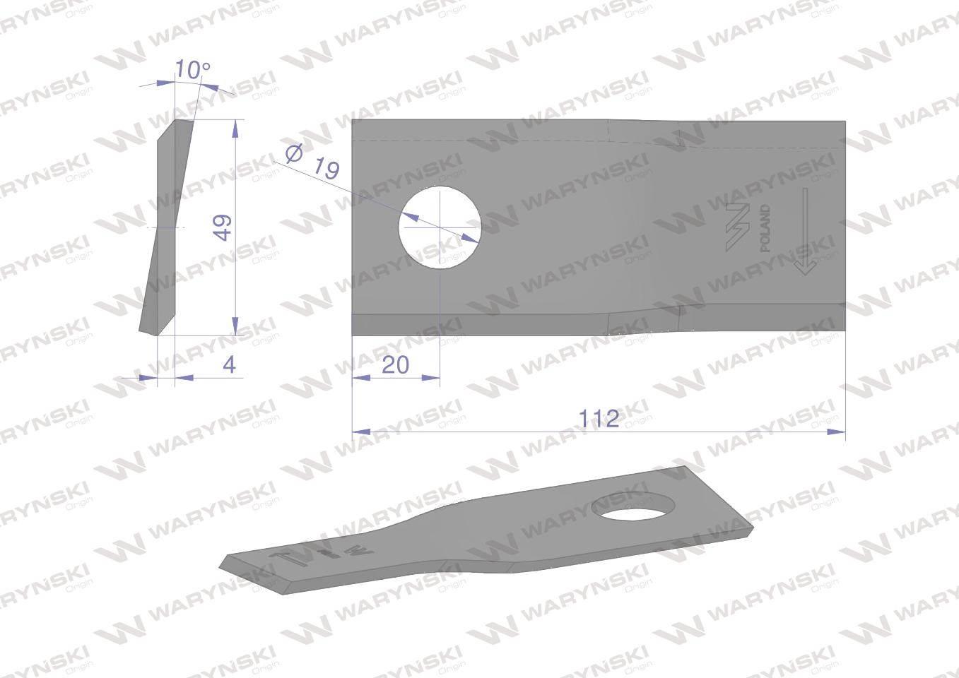 Nóż. nożyk kosiarka prawy 112x48x4mm otwór 19 zastosowanie 123707 134308 Fe - zdjęcie 2