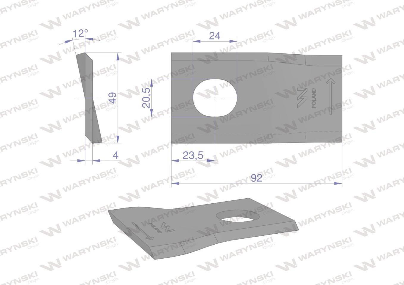 Nóż. nożyk kosiarka lewy 92x48x4mm otwór 20x24 zastosowanie 13800021 JF-Sto - zdjęcie 2