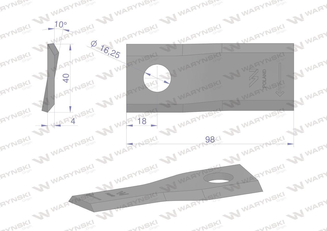 Nóż. nożyk kosiarka prawy 98x40x4mm otwór 16.2 zastosowanie DM-305 Claas WA - zdjęcie 2