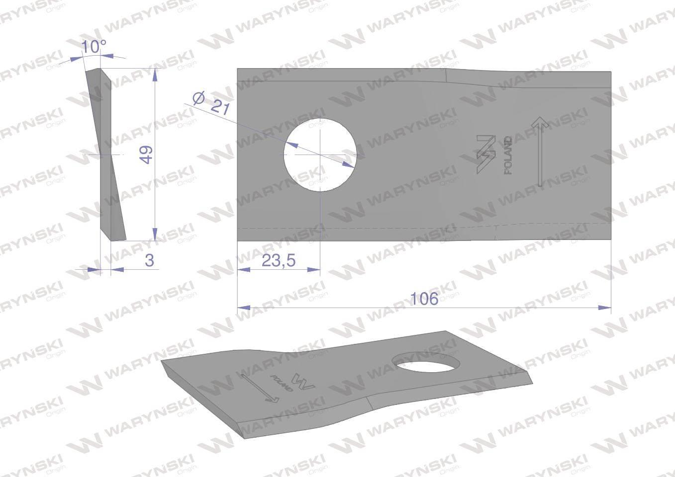 Nóż. nożyk kosiarka lewy 106x48x3mm otwór 21 zastosowanie 1042660 Claas WAR - zdjęcie 2