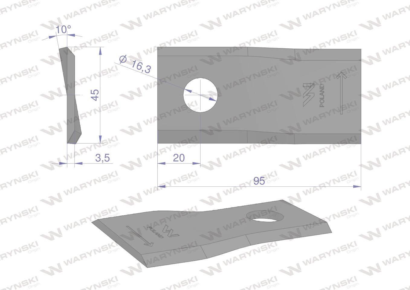 Nóż. nożyk kosiarka lewy 95x46x3,5mm otwór 16.25 zastosowanie 56151210 Kuhn - zdjęcie 2
