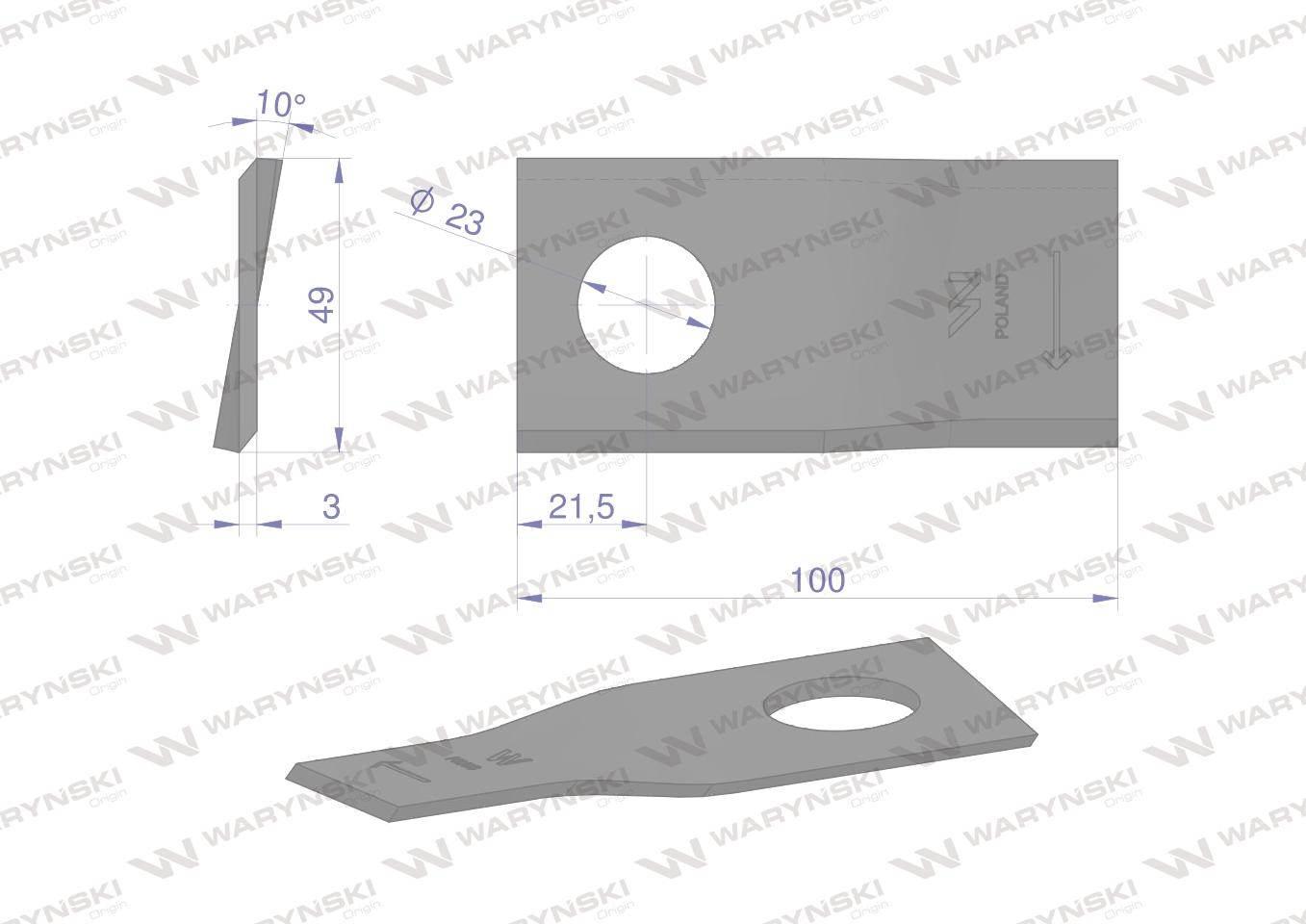 Nóż. nożyk kosiarka prawy 100x48x3mm otwór 23 zastosowanie T683R Mortl WARY - zdjęcie 2