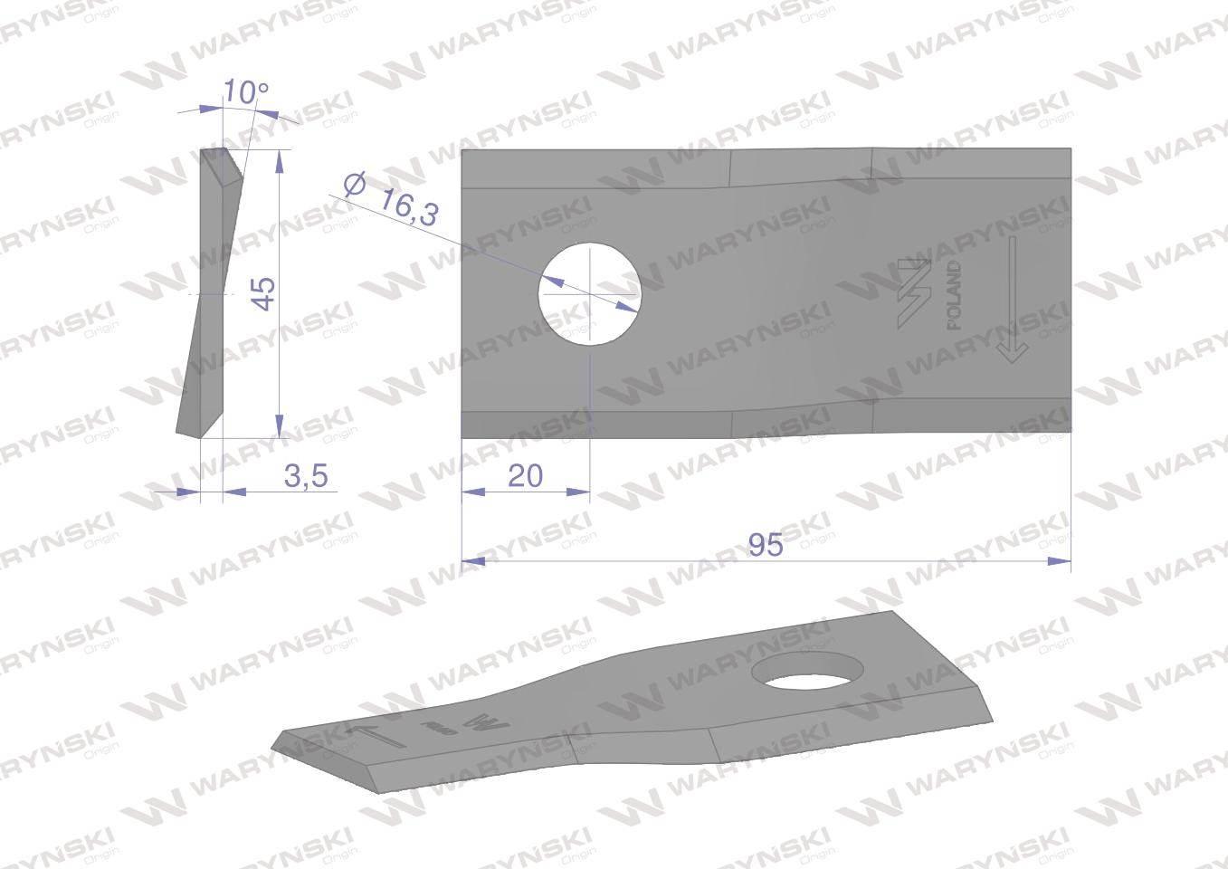 Nóż. nożyk kosiarka prawy 95x46x3,5mm otwór 16.25 zastosowanie 56151310 Kuh - zdjęcie 2