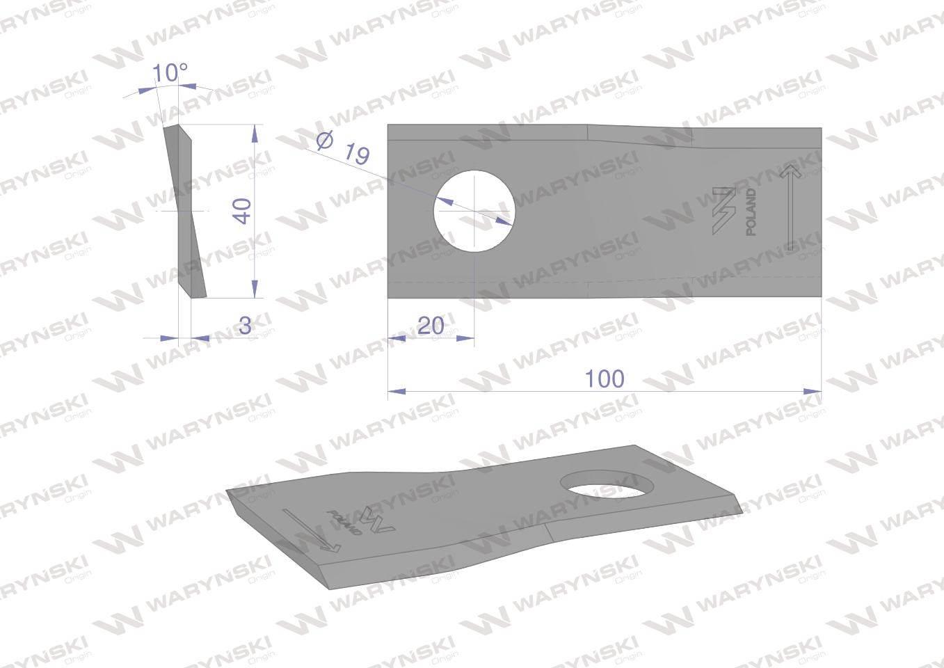 Nóż. nożyk kosiarka lewy 100x40x3mm otwór 19 zastosowanie 580290966 BCS Sip - zdjęcie 2