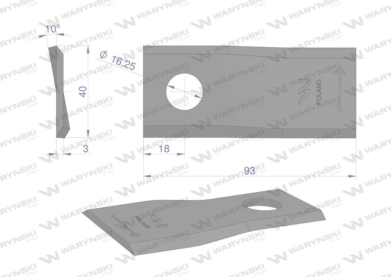 Nóż. nożyk kosiarka lewy 93x40x3mm otwór 16.2 zastosowanie 56151200 Kuhn WA - zdjęcie 2