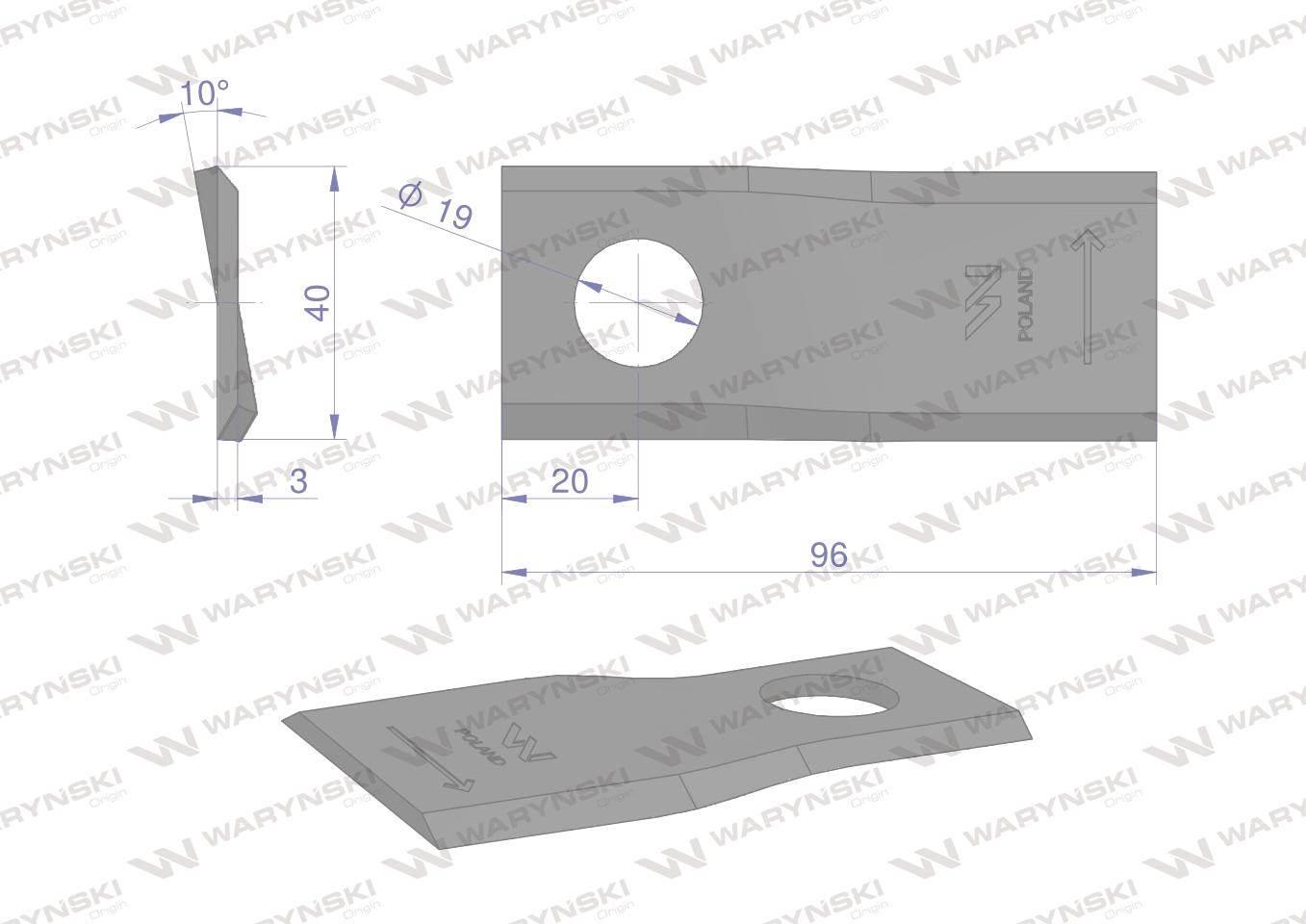 Nóż. nożyk kosiarka lewy 96x40x3mm otwór 19 zastosowanie 16502727 Deutz Fah - zdjęcie 2